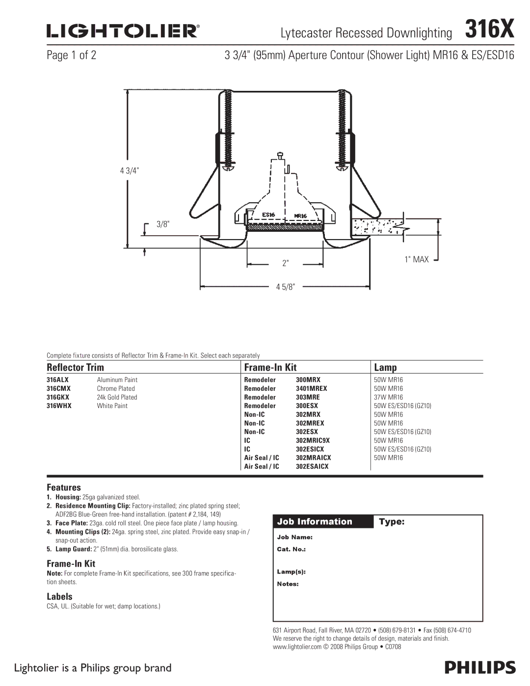 Lightolier 316X specifications Lytecaster Recessed Downlighting , 4 95mm Aperture Contour Shower Light MR16 & ES/ESD16 